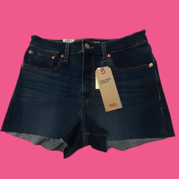 NEW LEVI'S Jean Shorts Size 16 Dark Wash Denim Ultra High Rise Frayed Raw Hem - Picture 2 of 6